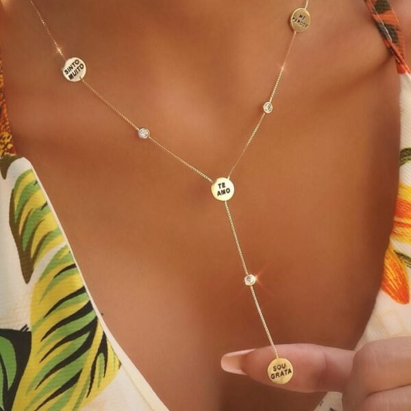Colar Gravata Ho'oponopono Cravejado com Zircônias banhado a Ouro 18k