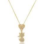 Colar Gato e Coração Cravejados com Zircônias Banhado a Ouro 18 K