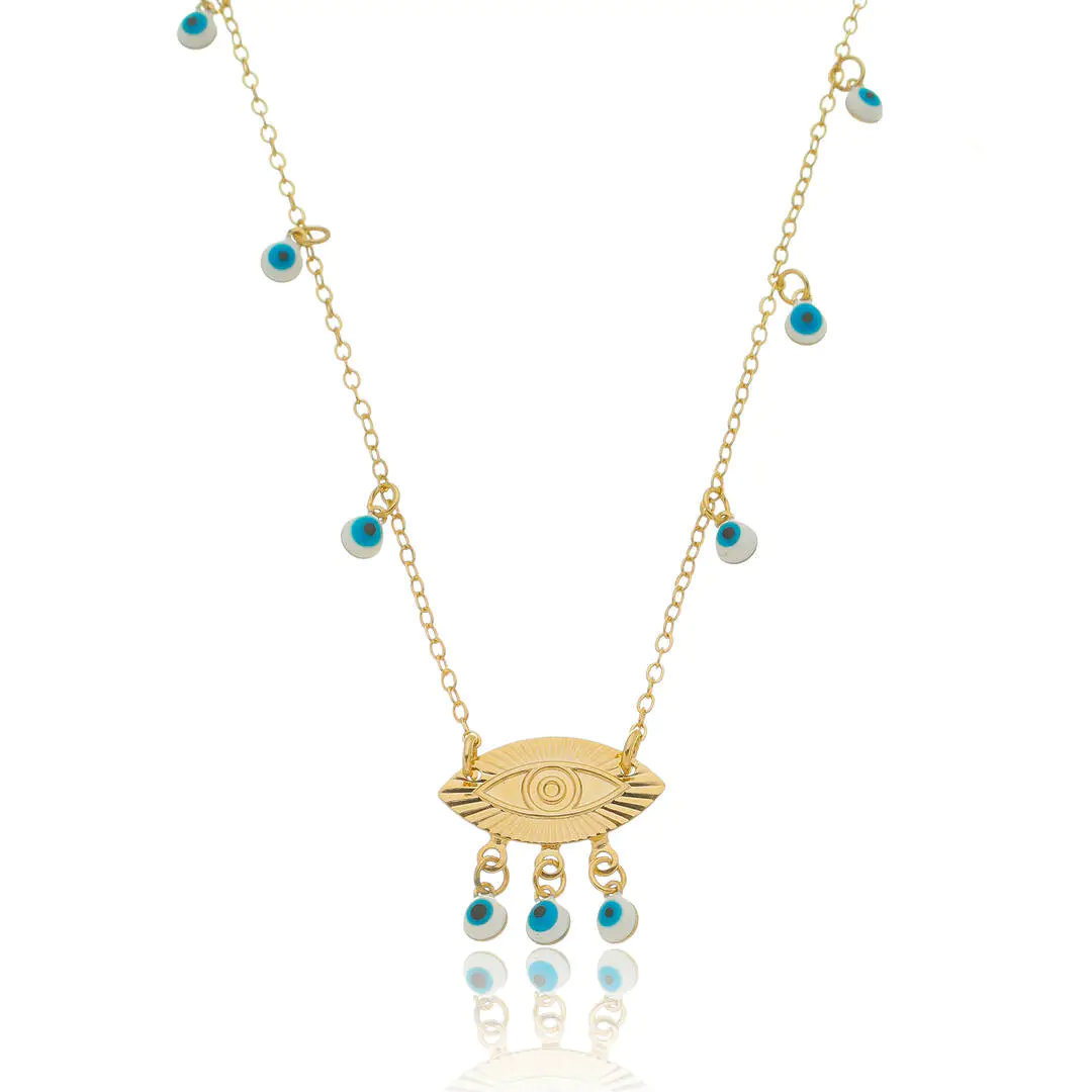 Colar Olho Grego com bolinhas azuis banhado a ouro 18 k