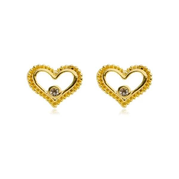 Brinco Fixo Coração Vazado com 1 Zircônia banhado a ouro 18k