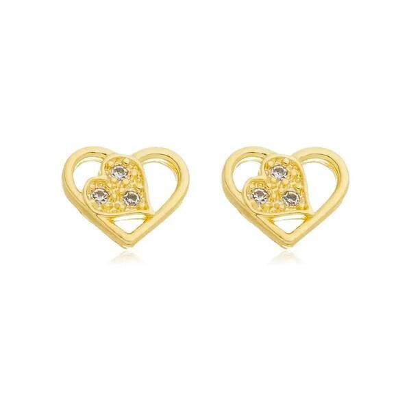 Brinco Fixo Coração com Coração Menor Cravejado com Zircônias banhado a ouro 18k