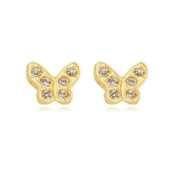 Brinco Fixo Borboleta Cravejado com 6 Zircônias banhado a ouro 18k