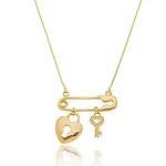 Colar Alfinete com Cadeado e Chave Cravejada com Zircônias banhado a Ouro 18k