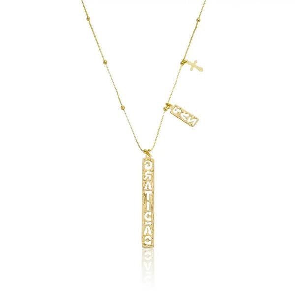 Colar Gratidão Paz e Cruz banhado a ouro 18 k