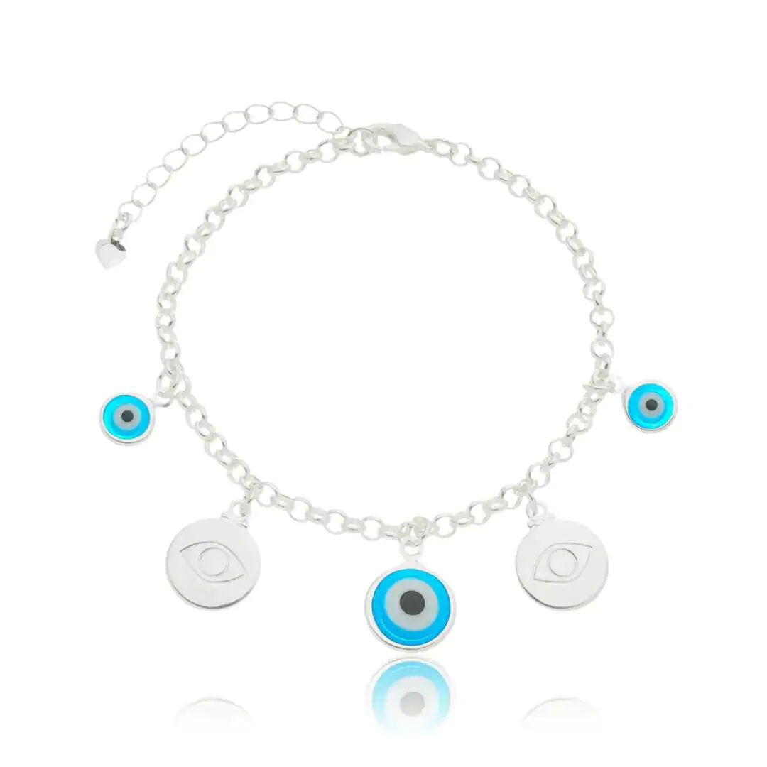 Pulseira 3 Olhos Gregos e Placas banhada a Prata de lei 950