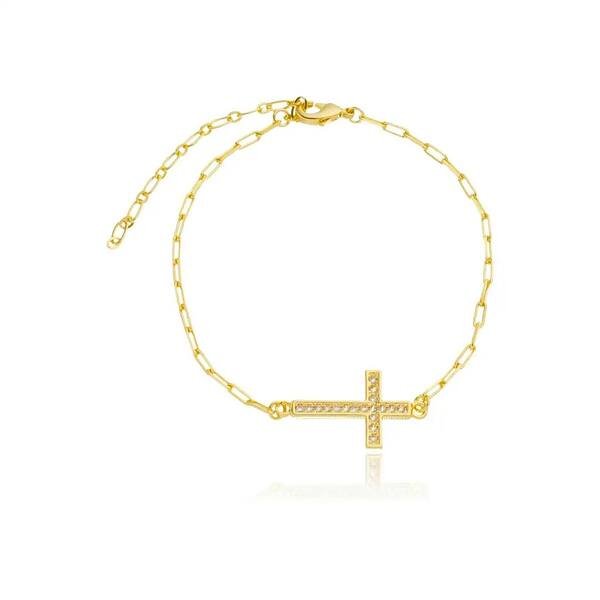Pulseira Cruz Cravejada com Zircônias banhada a ouro 18k