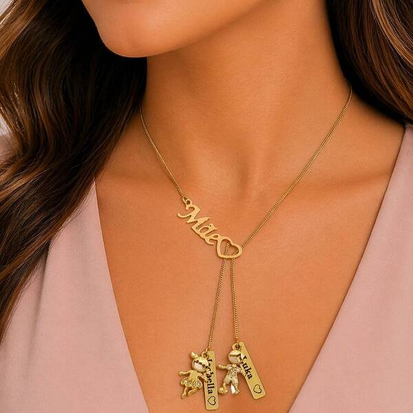 Colar Personalizado Gravata Mãe até 5 Pingentes e Nomes banhado a ouro 18 k