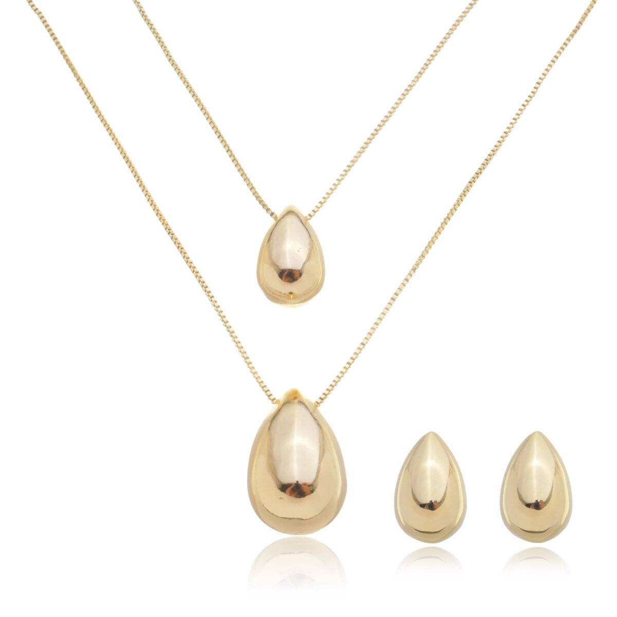 Conjunto Colar Duplo e Brinco Gota banhado a ouro 18k
