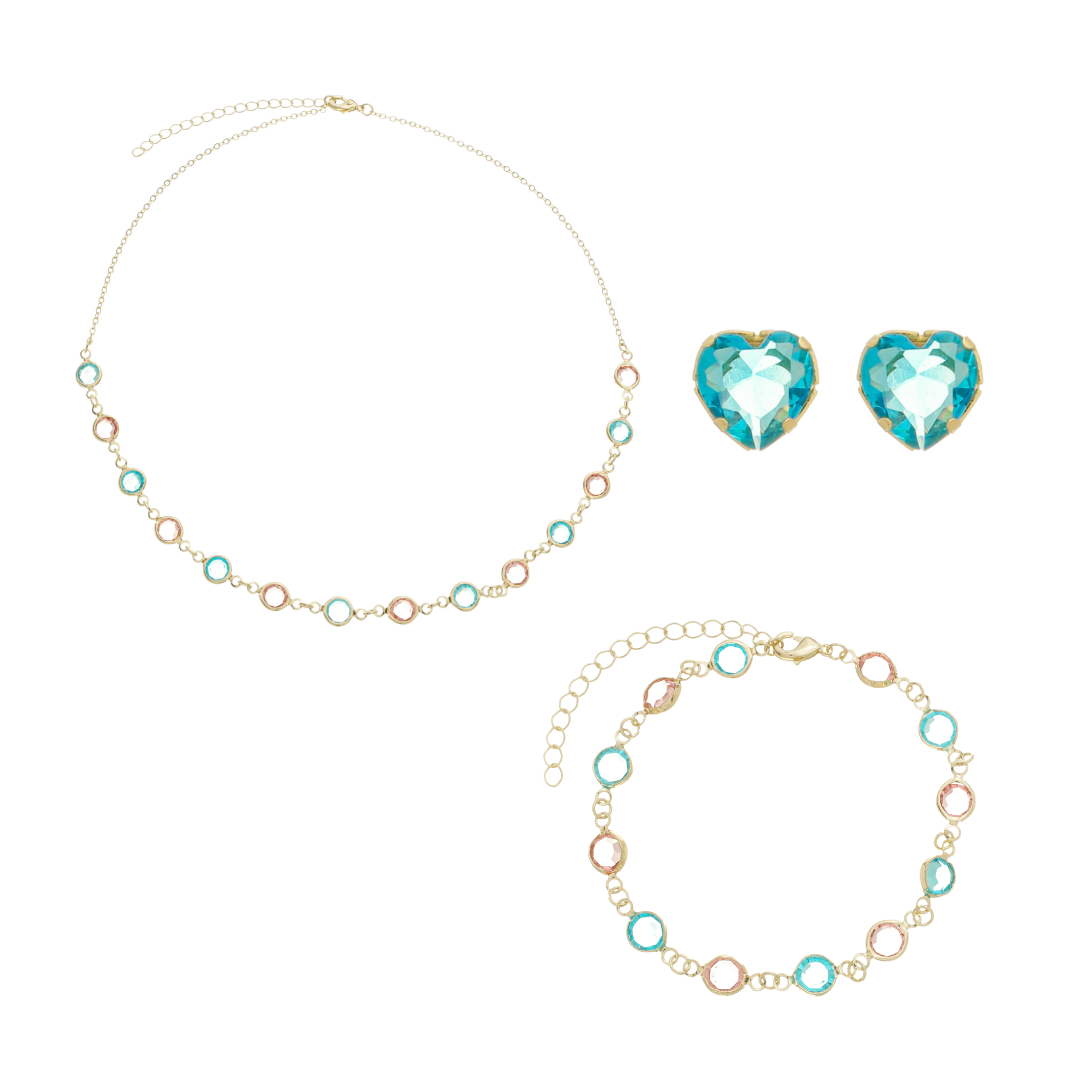 Conjunto Colar + Brinco + Pulseira Cores Cravejada com Zircônias Coloridas banhado a ouro 18k