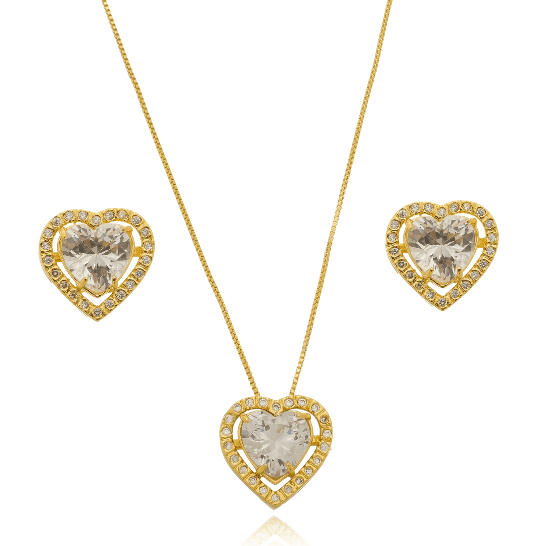 Conjunto Colar e Brinco Coração Cravejados com Zircônias banhado a ouro 18K