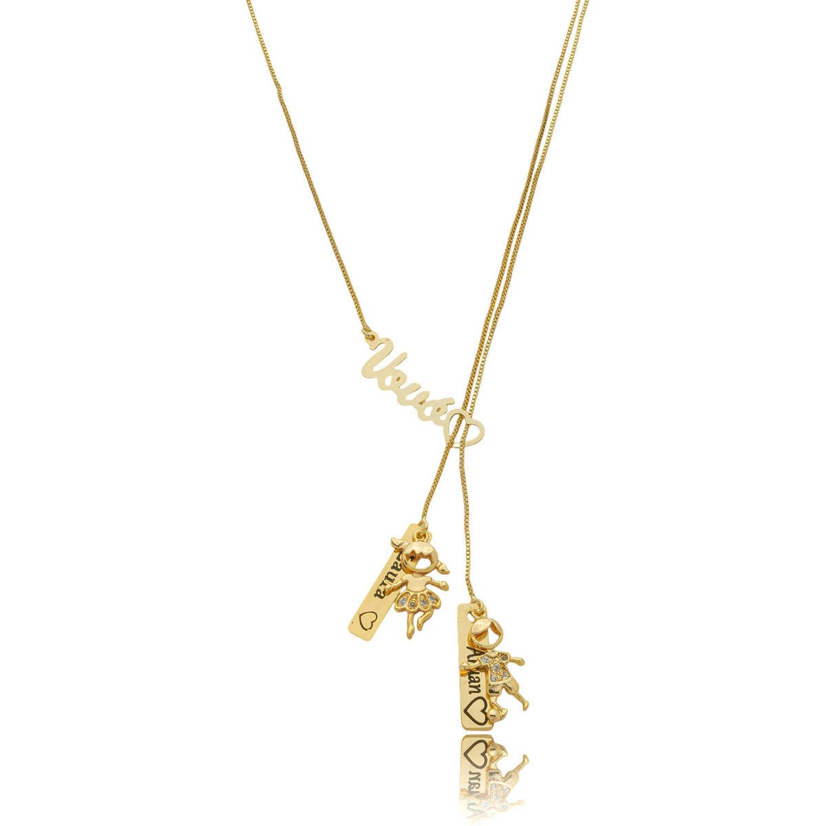 Colar Personalizado Gravata Vovó até 5 Pingentes e Nomes banhado a ouro 18 k