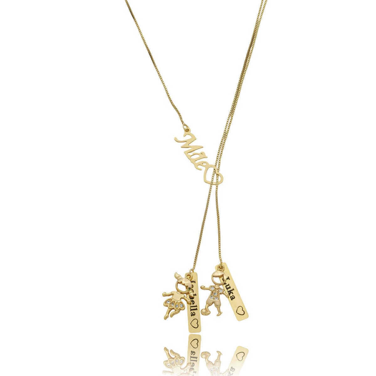 Colar Personalizado Gravata Mãe até 5 Pingentes e Nomes banhado a ouro 18 k