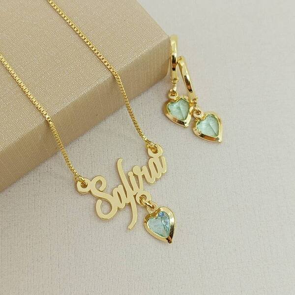 Conjunto Brincos e Colar Personalizado Nome com Coração Zircônia Azul banhado a ouro 18 k