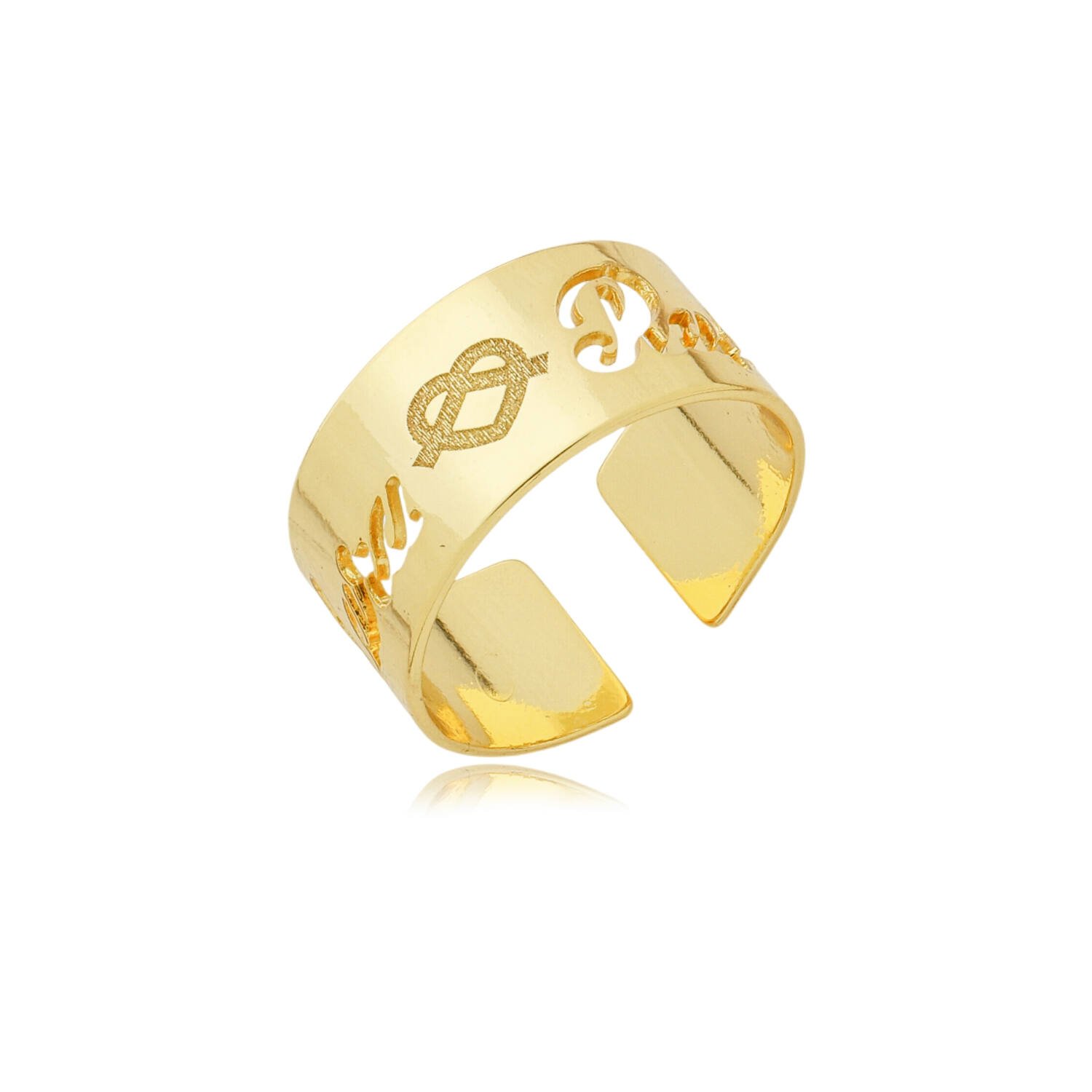 Anel Placa Personalizado 2 Nomes Vazados e Coração Gravado banhado a ouro 18 k