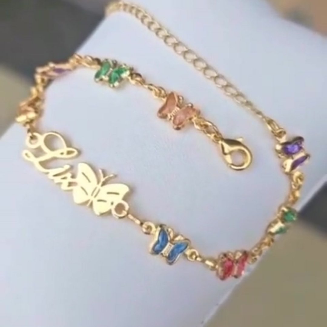 Pulseira Personalizada Borboletas Coloridas com Nome banhado a ouro 18 k