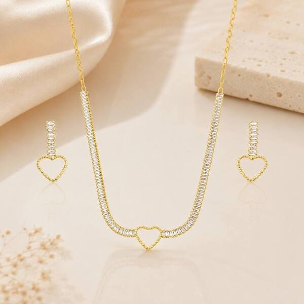 Conjunto Colar e Brinco Riviera Cravejado com Zircônias banhado a ouro 18K