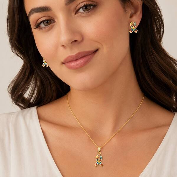 Conjunto Colar e Brinco Autismo banhado a ouro 18K
