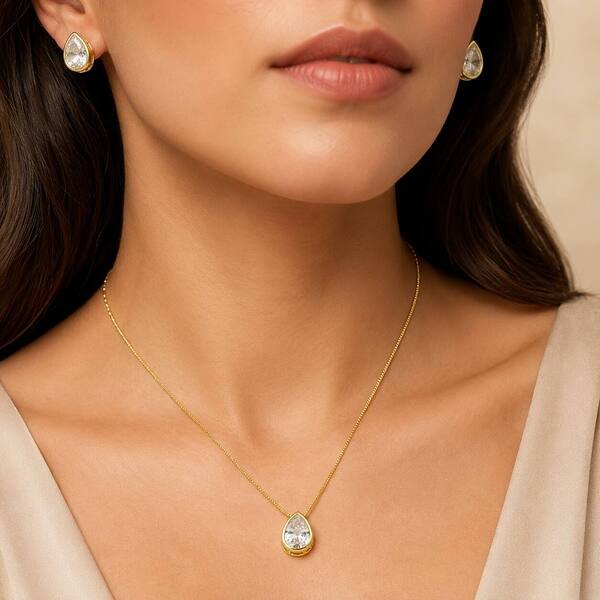 Conjunto Colar e Brinco Gota de Cravejado com Zircônias banhado a ouro 18K