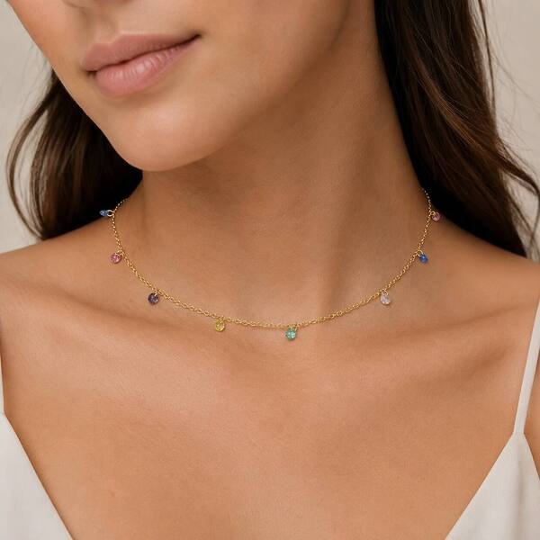 Colar com 12 Zircônias Coloridas banhado a ouro 18 k