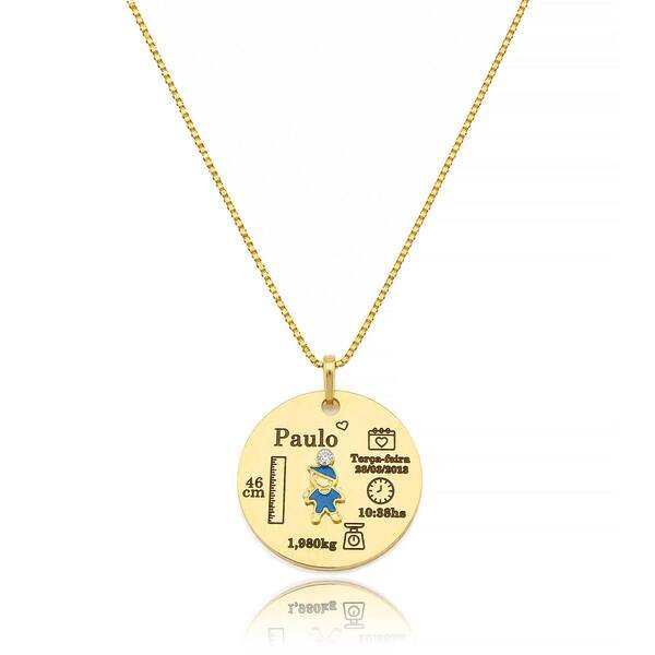 Colar Personalizado Medalha Nascimento banhado a ouro 18k