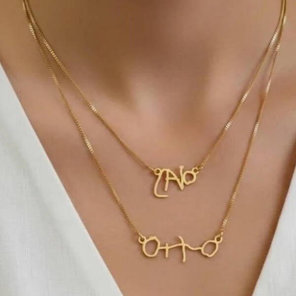 Colar Personalizado Duplo Assinatura da Criança 2 Nomes banhado a ouro 18k